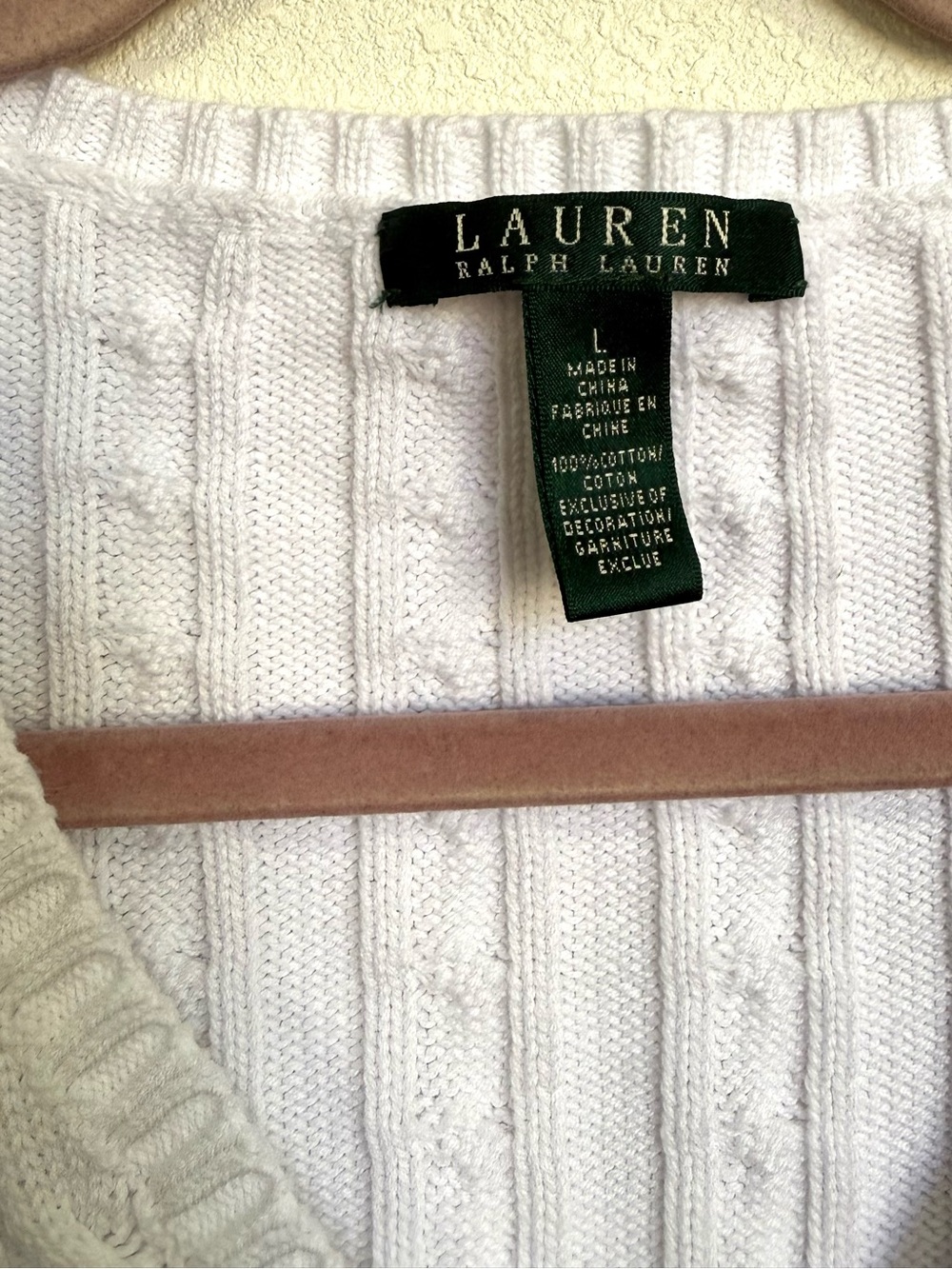 Lauren Ralph Lauren White Cable Knit V-Neck Sweater RL Logo Large - Picture 5 of 10